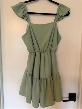 Everly Sage Green Ruffle Sleeve Tiered Mini Dress - Size Small